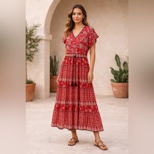 Lauren Ralph Lauren Red Floral Handkerchief Pattern Cotton Maxi Dress 6